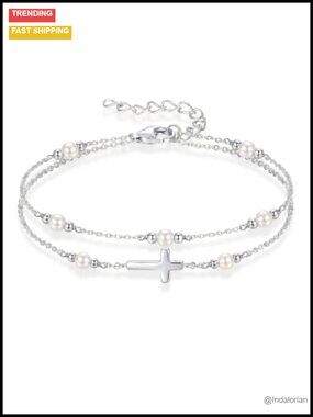 18K Gold Plated Pearl Cross Bracelet Women Adjustable Dainty Stackable